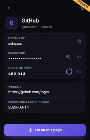 OnlyWallet browser extension showing a saved GitHub login with a masked password, a one-time code with a countdown ring and a Fill on this page button