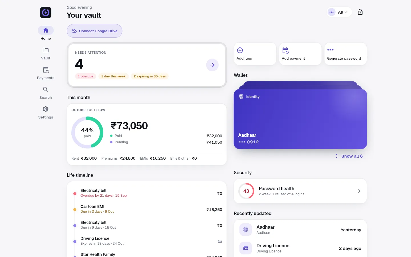 OnlyWallet web app home: items that need attention, this month's payments and the wallet card stack