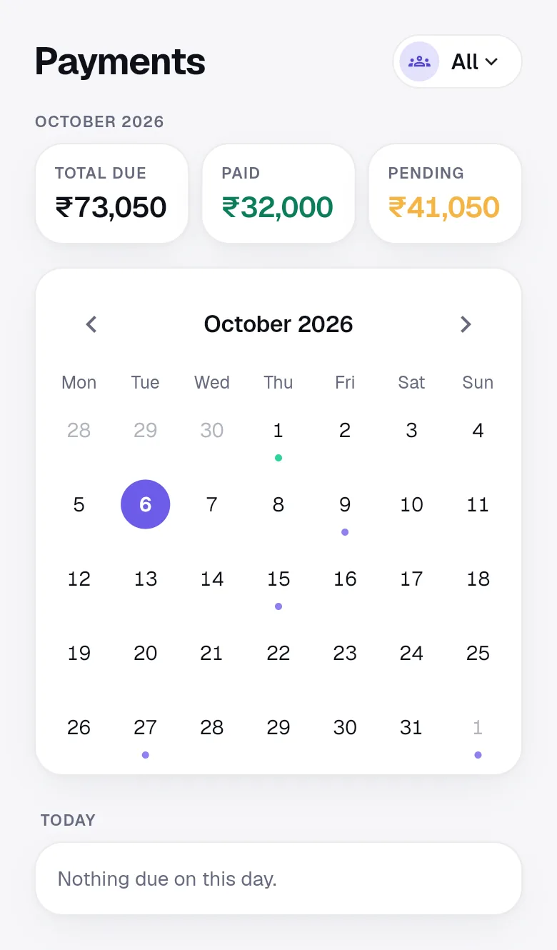 OnlyWallet Payments tab: October totals of 73,050 rupees due, 32,000 paid and 41,050 pending, above a month calendar